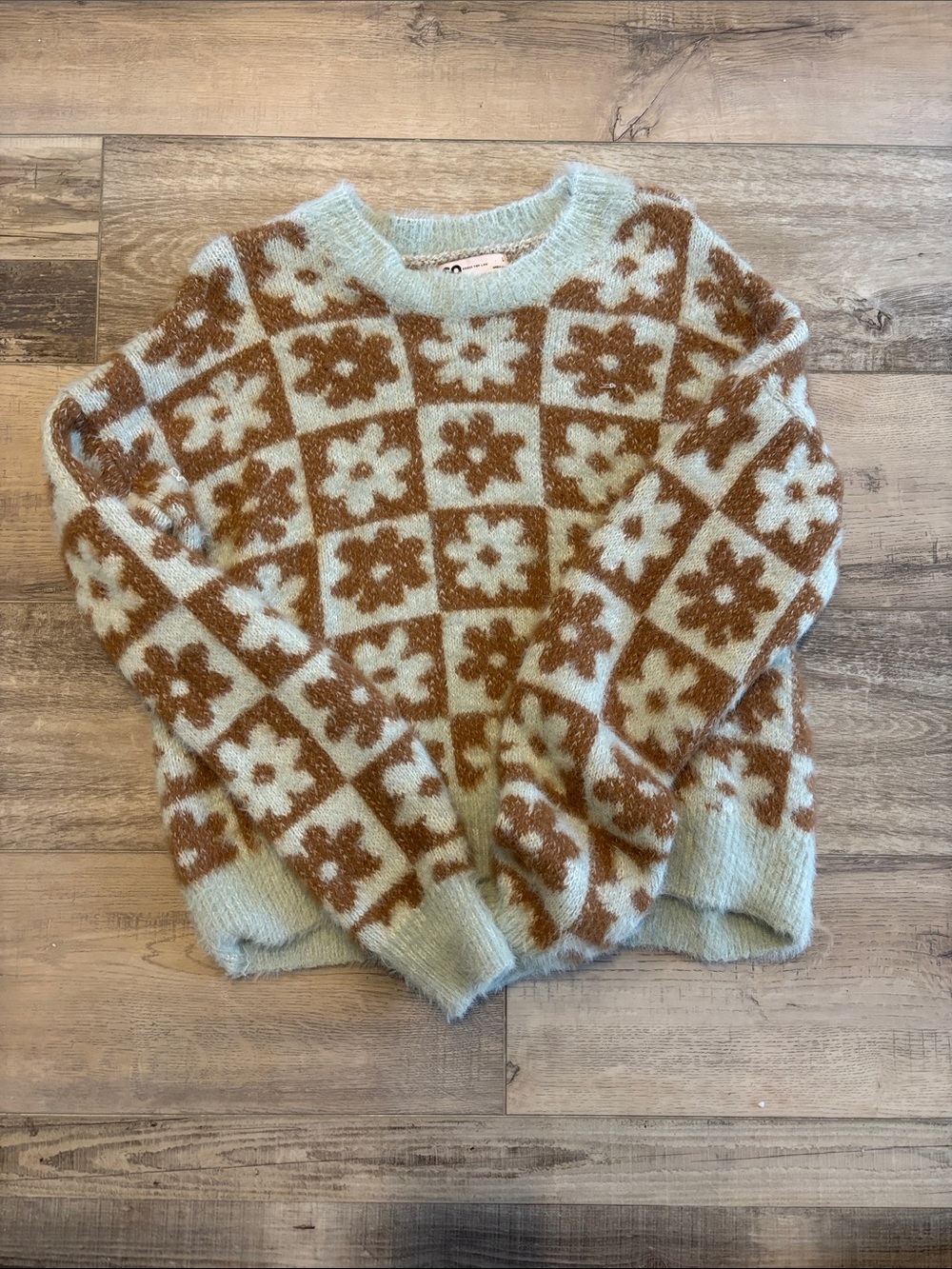 Floral Checker Knit Sweater - Light Blue & Brown